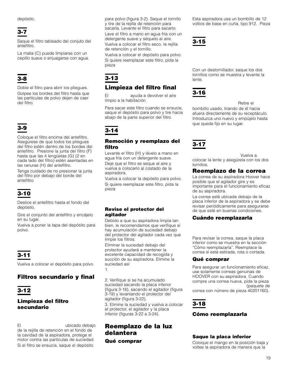 Reemplazo de la luz delantera | Hoover Bagless Upright Vacuum Cleaner User Manual | Page 19 / 32