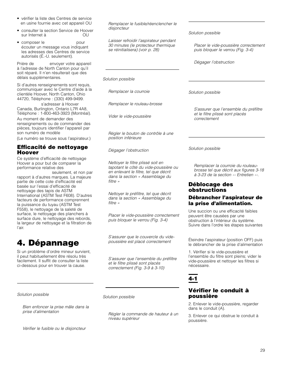 Dépannage, Déblocage des obstructions, 1 vérifier le conduit à poussière | Efficacité de nettoyage hoover | Hoover Bagless Upright Vacuum Cleaner User Manual | Page 29 / 32