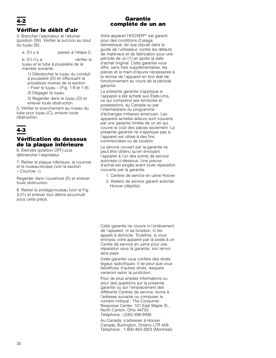 2 vérifier le débit d’air, 3 vérification du dessous de la plaque inférieure, Garantie complète de un an | Hoover Bagless Upright Vacuum Cleaner User Manual | Page 30 / 32