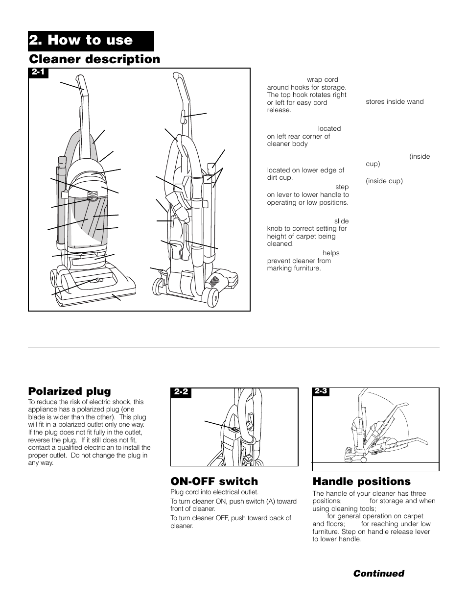 How to use, Cleaner description, Polarized plug | On-off switch, Handle positions | Hoover Bagless Upright Vacuum Cleaner User Manual | Page 5 / 32