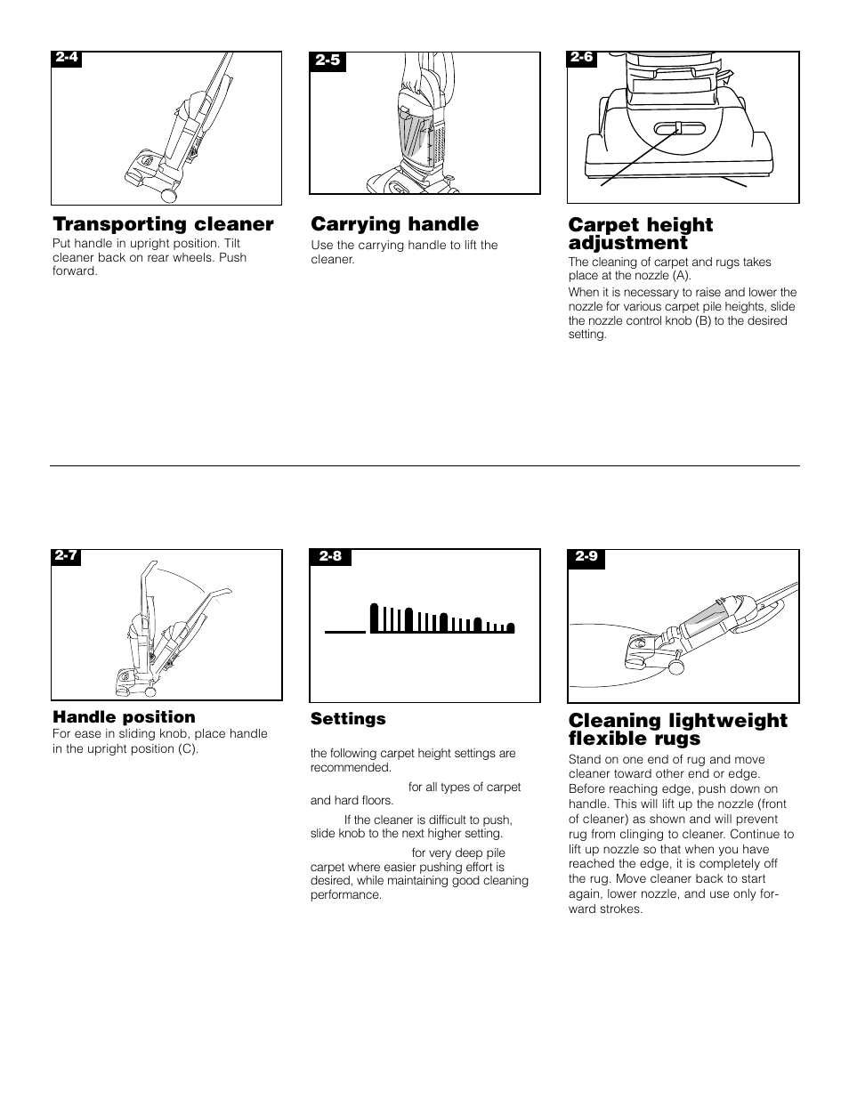 Cleaning lightweight flexible rugs, Carpet height adjustment, Carrying handle | Transporting cleaner | Hoover Bagless Upright Vacuum Cleaner User Manual | Page 6 / 32