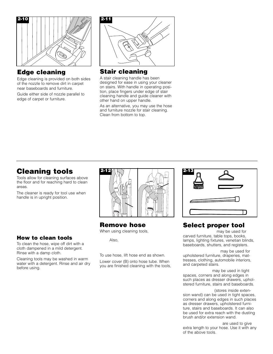 Cleaning tools, Edge cleaning, Select proper tool | Stair cleaning, Remove hose | Hoover Bagless Upright Vacuum Cleaner User Manual | Page 7 / 32