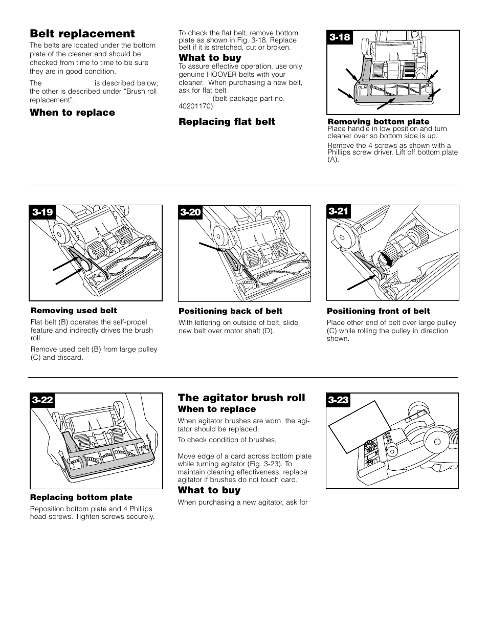Belt replacement, The agitator brush roll | Hoover Self-Propelled WindTunnel Bagless with Powered Hand Tool User Manual | Page 10 / 36