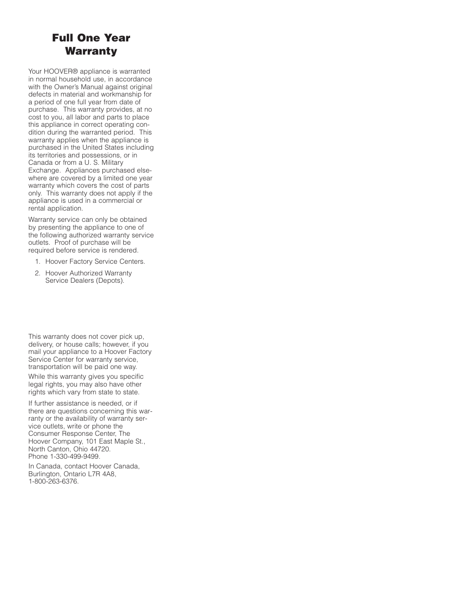 Full one year warranty | Hoover Self-Propelled WindTunnel Bagless with Powered Hand Tool User Manual | Page 15 / 36