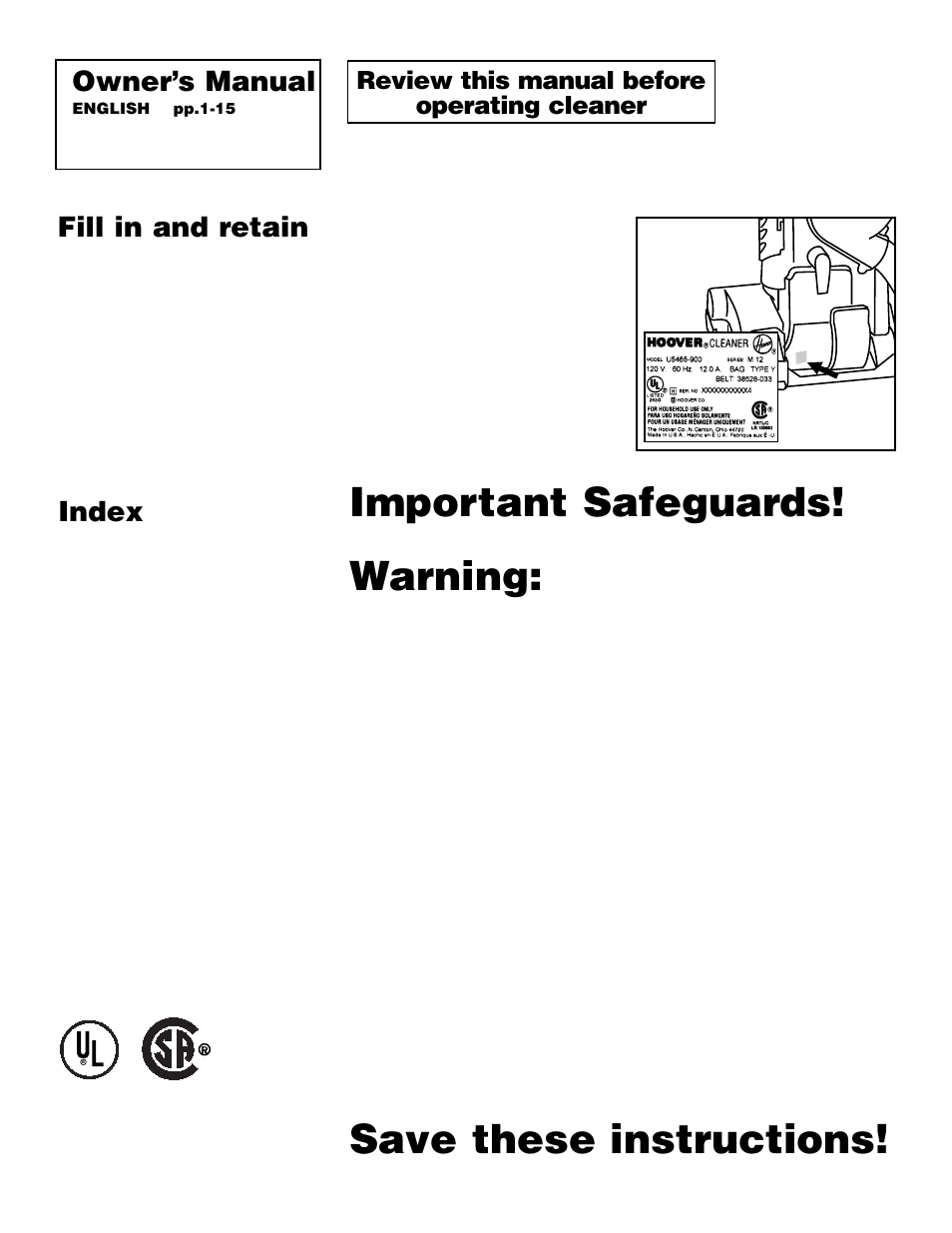 Important safeguards, Warning, Save these instructions | Fill in and retain, Owner’s manual, Index, Review this manual before operating cleaner | Hoover Self-Propelled WindTunnel Bagless with Powered Hand Tool User Manual | Page 2 / 36