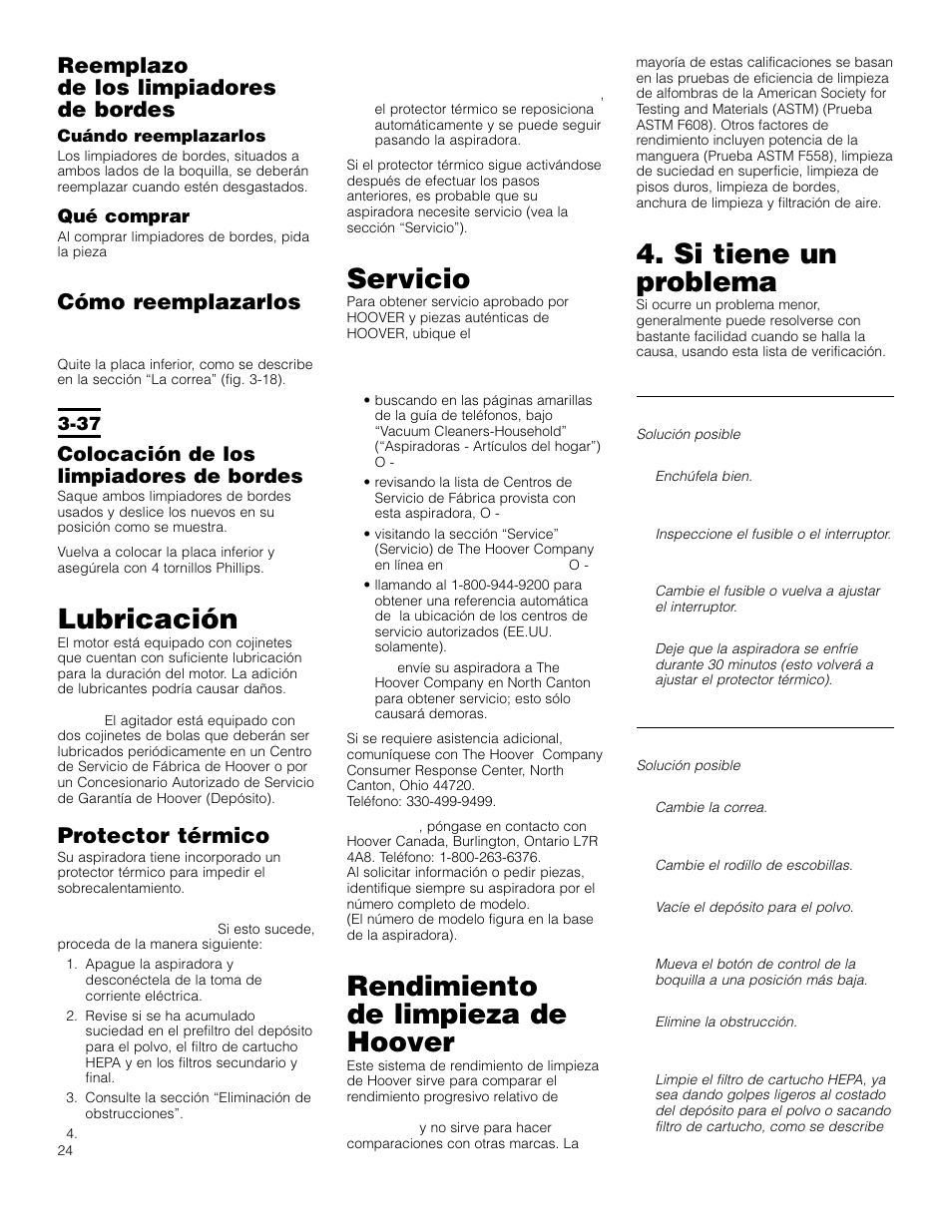 Lubricación, Servicio, Rendimiento de limpieza de hoover | Si tiene un problema, Reemplazo de los limpiadores de bordes, Cómo reemplazarlos, Protector térmico, Colocación de los limpiadores de bordes | Hoover Self-Propelled WindTunnel Bagless with Powered Hand Tool User Manual | Page 24 / 36
