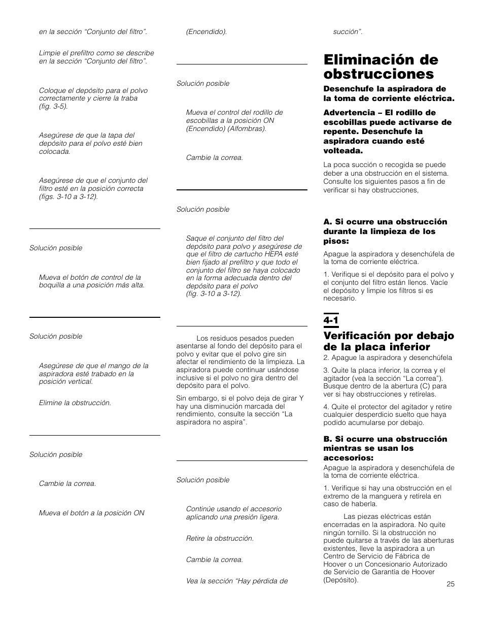 Eliminación de obstrucciones, Verificación por debajo de la placa inferior | Hoover Self-Propelled WindTunnel Bagless with Powered Hand Tool User Manual | Page 25 / 36