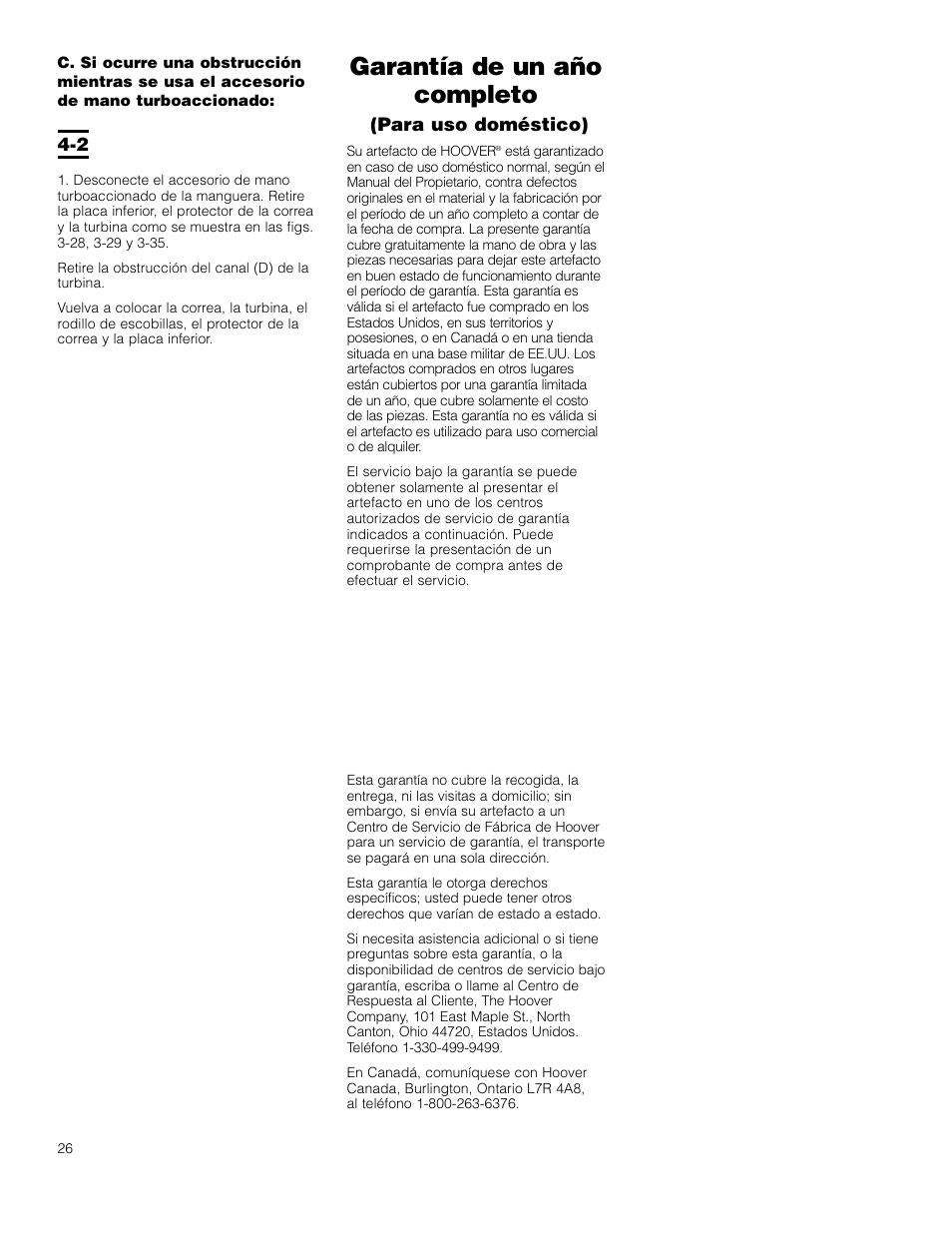 Garantía de un año completo | Hoover Self-Propelled WindTunnel Bagless with Powered Hand Tool User Manual | Page 26 / 36