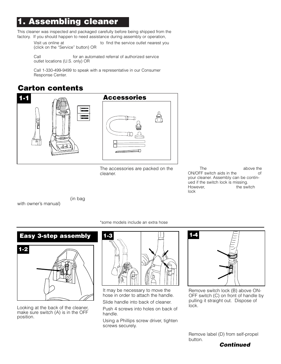 Assembling cleaner, Carton contents, Accessories | Easy 3-step assembly | Hoover Self-Propelled WindTunnel Bagless with Powered Hand Tool User Manual | Page 3 / 36