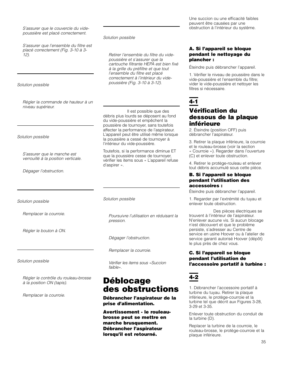 Déblocage des obstructions, Vérification du dessous de la plaque inférieure | Hoover Self-Propelled WindTunnel Bagless with Powered Hand Tool User Manual | Page 35 / 36