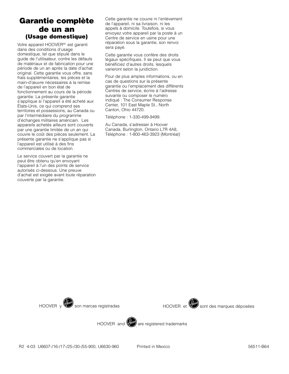 Garantie complète de un an | Hoover Self-Propelled WindTunnel Bagless with Powered Hand Tool User Manual | Page 36 / 36