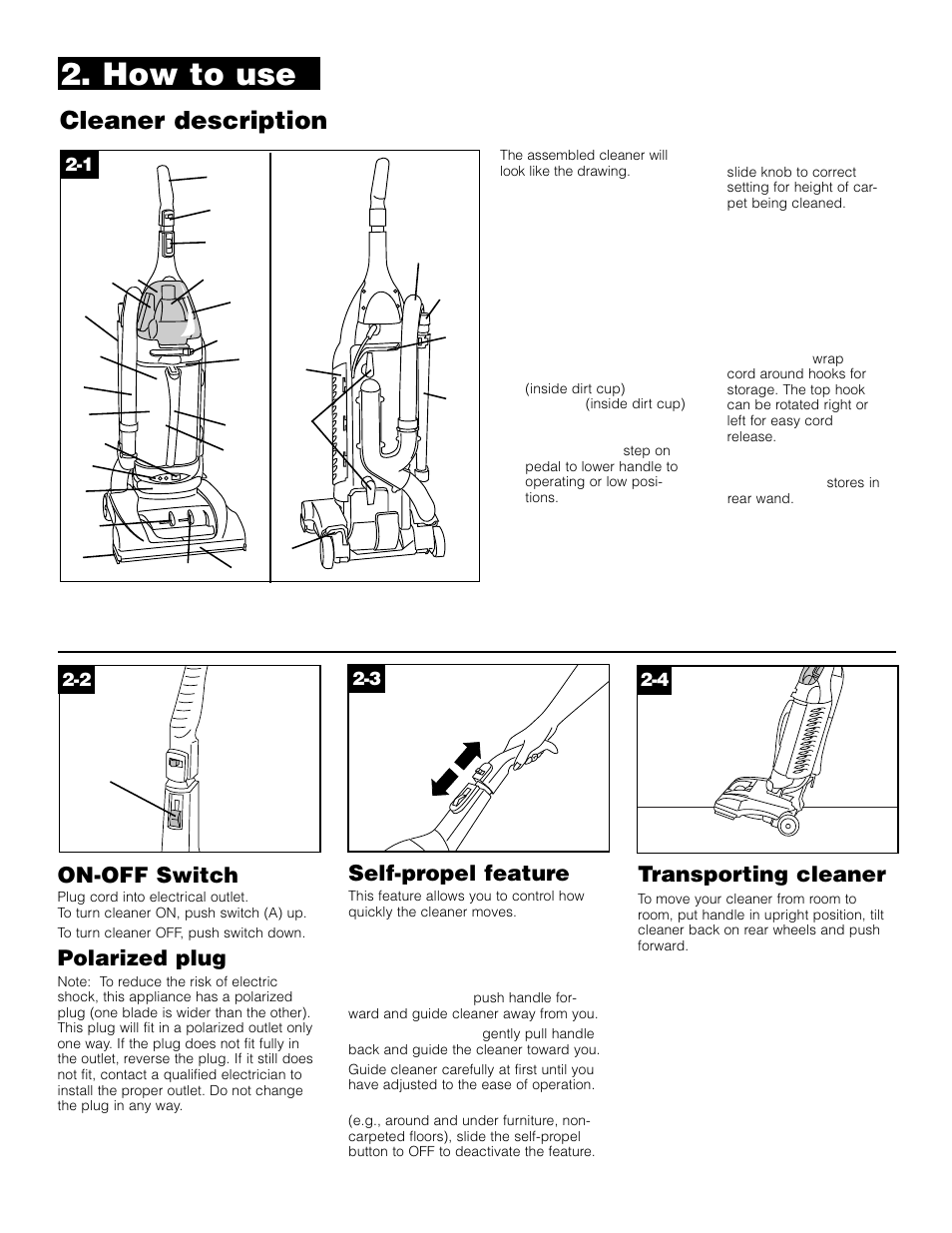 How to use, Cleaner description, On-off switch | Polarized plug, Self-propel feature, Transporting cleaner | Hoover Self-Propelled WindTunnel Bagless with Powered Hand Tool User Manual | Page 4 / 36