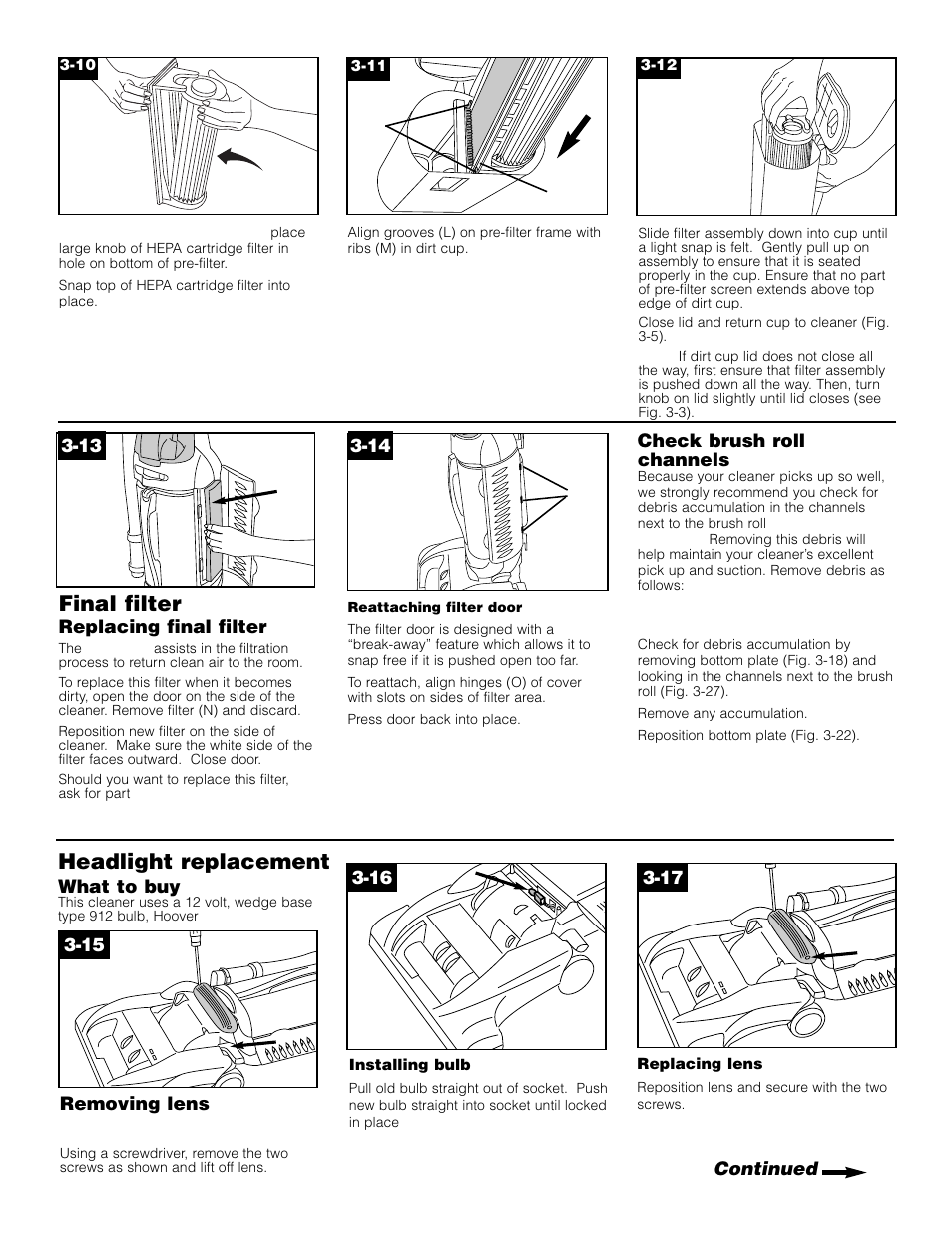 Headlight replacement, Final filter | Hoover Self-Propelled WindTunnel Bagless with Powered Hand Tool User Manual | Page 9 / 36