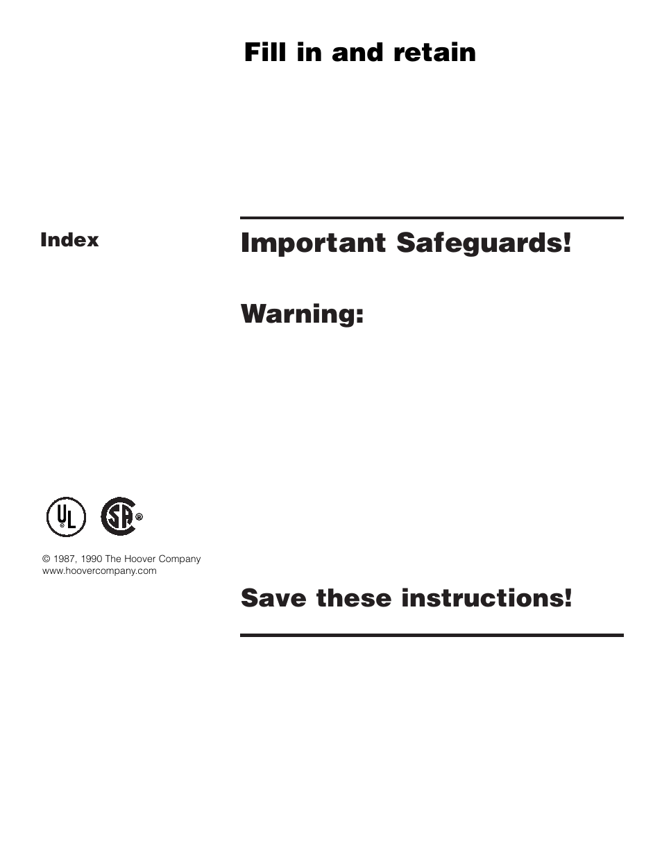 Important safeguards, Fill in and retain, Warning | Save these instructions, Index | Hoover Dubl-Duty User Manual | Page 2 / 9