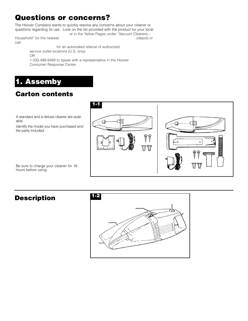 Assemby questions or concerns, Description, Carton contents | Hoover Dubl-Duty User Manual | Page 3 / 9