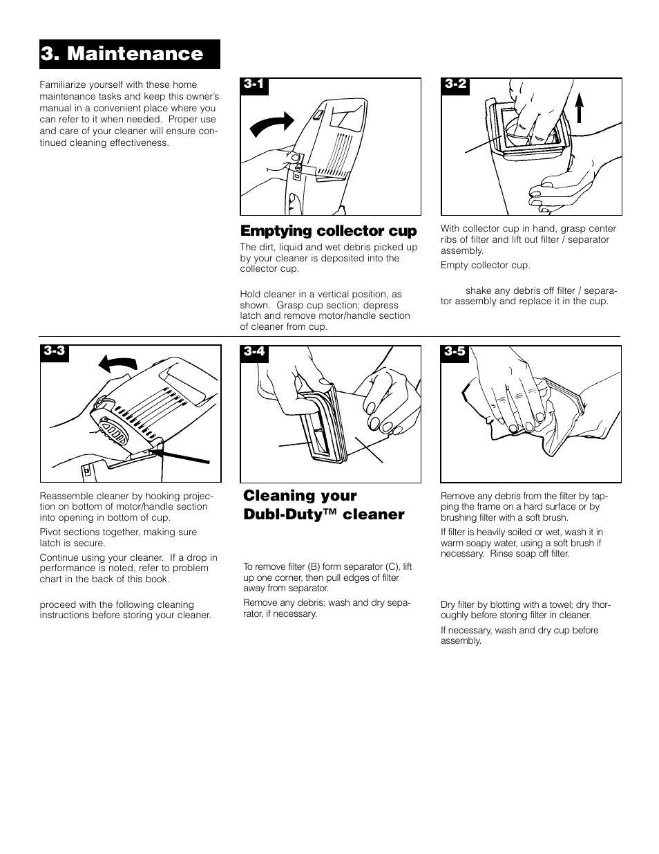 Maintenance, Emptying collector cup, Cleaning your dubl-duty™ cleaner | Hoover Dubl-Duty User Manual | Page 6 / 9