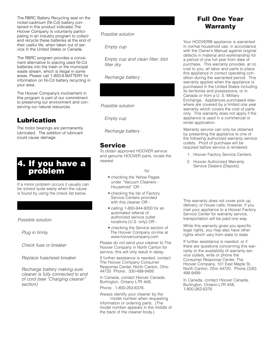 If you have a problem, Lubrication, Service | Full one year warranty (domestic use) | Hoover Dubl-Duty User Manual | Page 8 / 9