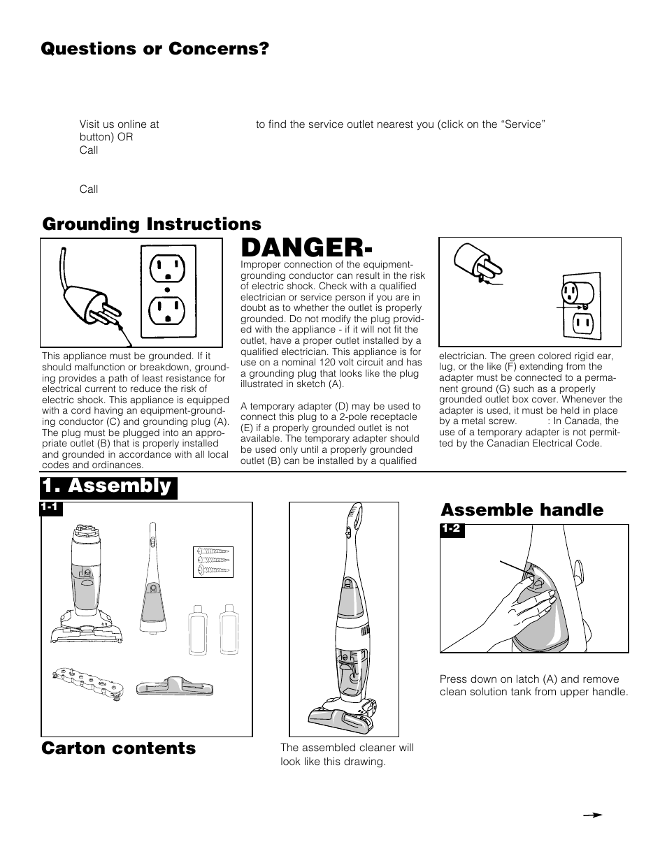Danger, Assembly, Questions or concerns | Hoover Floormate Hard Floor Cleaner User Manual | Page 3 / 14