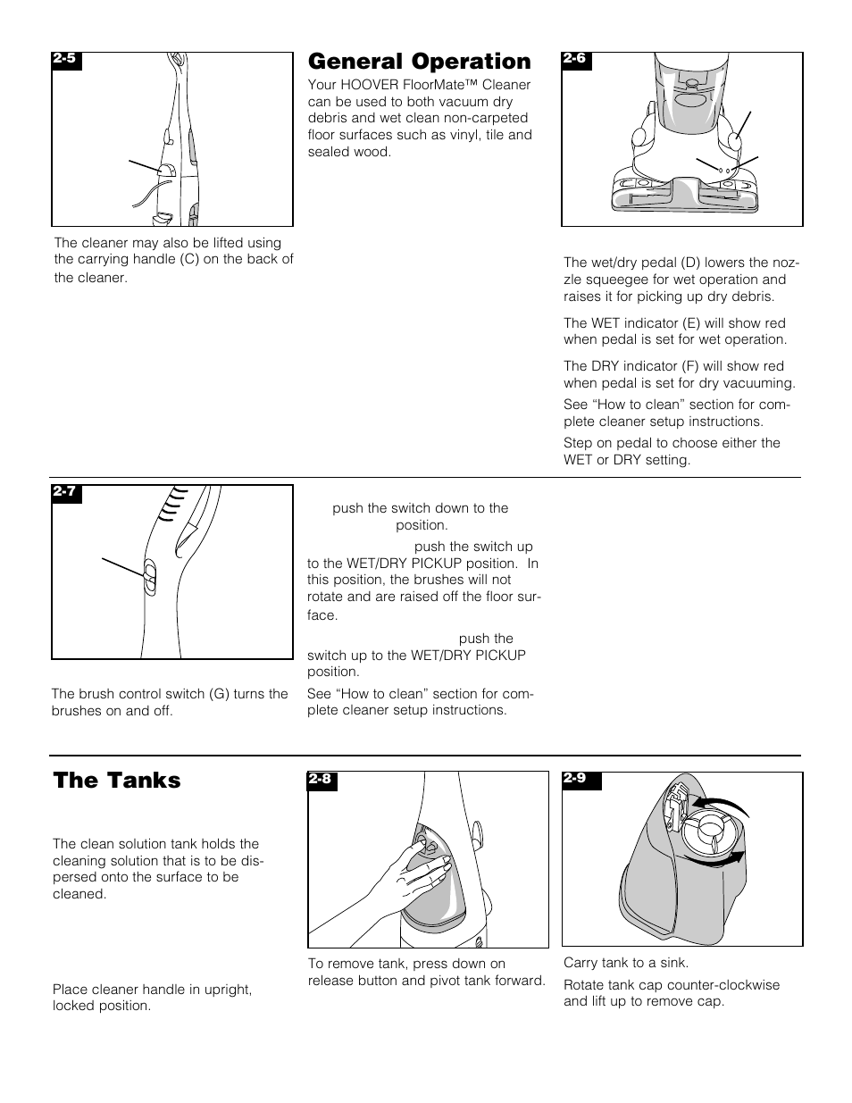 The tanks, General operation, Clean solution tank (upper tank) | How to fill, Wet/dry pedal and indicators, Brush control switch, De f c | Hoover Floormate Hard Floor Cleaner User Manual | Page 6 / 14