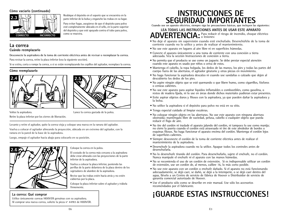 Instrucciones de seguridad importantes, Advertencia, Guarde estas instrucciones | Hoover C1633 User Manual | Page 11 / 12