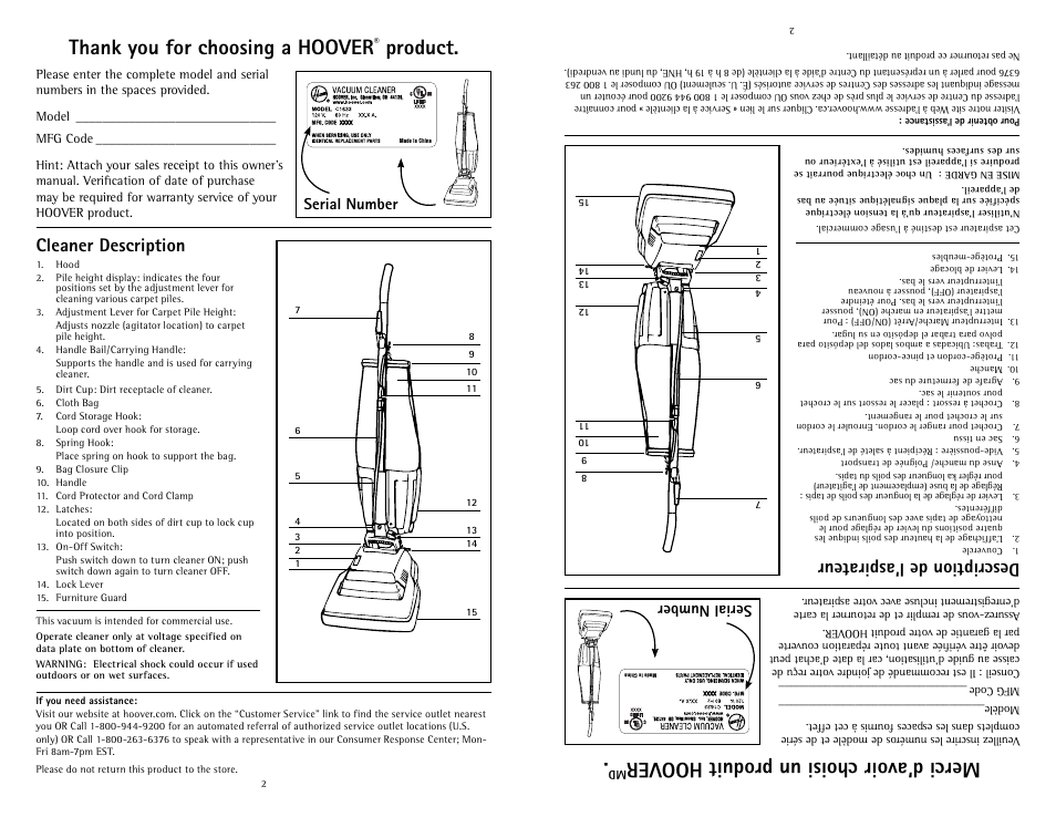 Merci d’avoir choisi un produit hoover, Product, Description de l’aspirateur | Cleaner description, Serial number | Hoover C1633 User Manual | Page 2 / 12