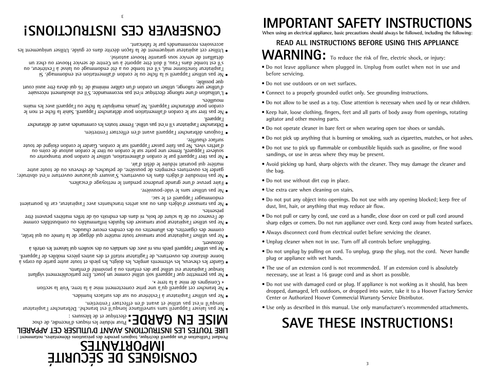 Co nsi gn es de séc uri té importantes, Conserver ces instructions, Important safety instructions | Warning, Save these instructions | Hoover C1633 User Manual | Page 3 / 12