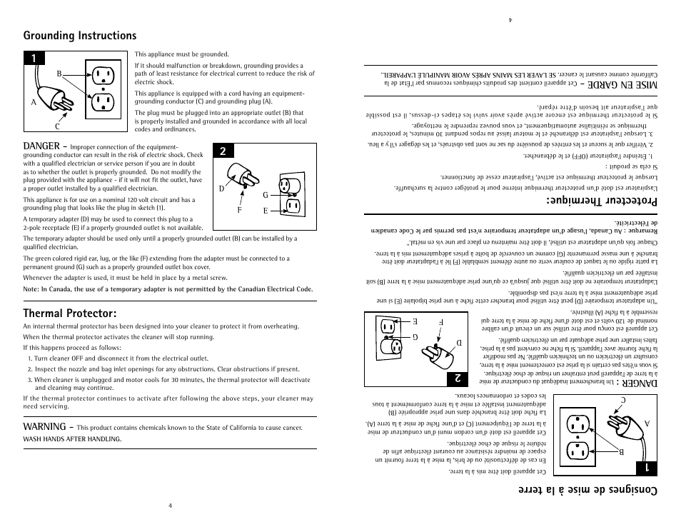 Consignes de mise à la terre, Protecteur thermique, Grounding instructions | Thermal protector, Dan ger, Mis e en g ard e, Danger, Warning | Hoover C1633 User Manual | Page 4 / 12