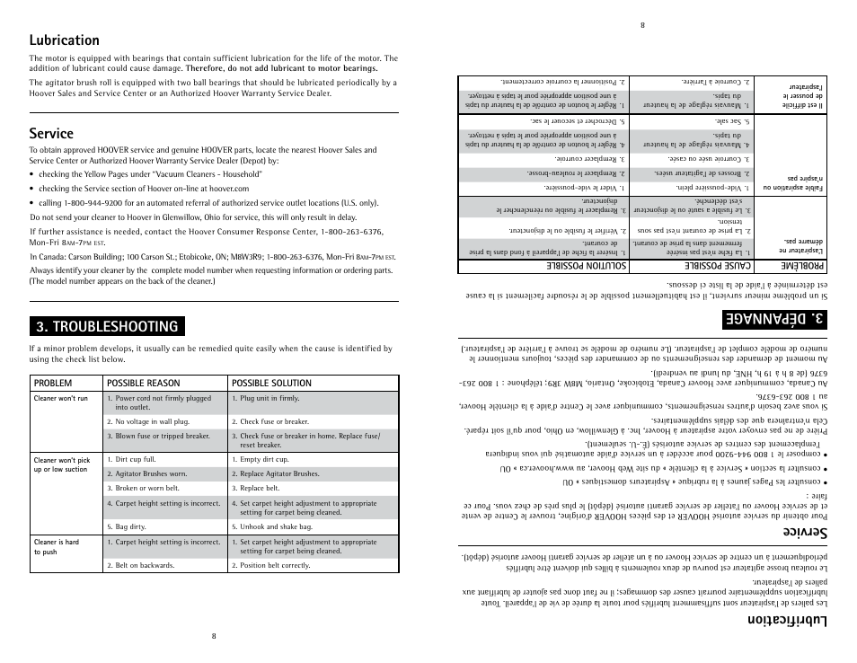 Dépannage, Lubrification, Service | Troubleshooting, Lubrication | Hoover C1633 User Manual | Page 8 / 12