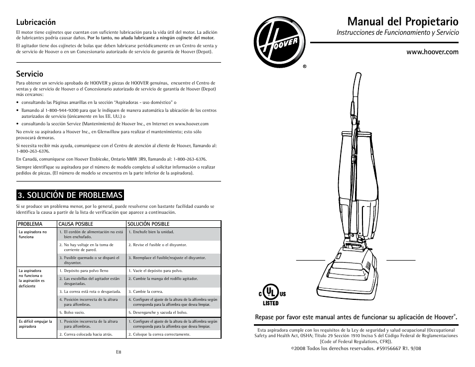 Manual del propietario, Solución de problemas, Lubricación | Servicio, Instrucciones de funcionamiento y servicio | Hoover C1633 User Manual | Page 9 / 12