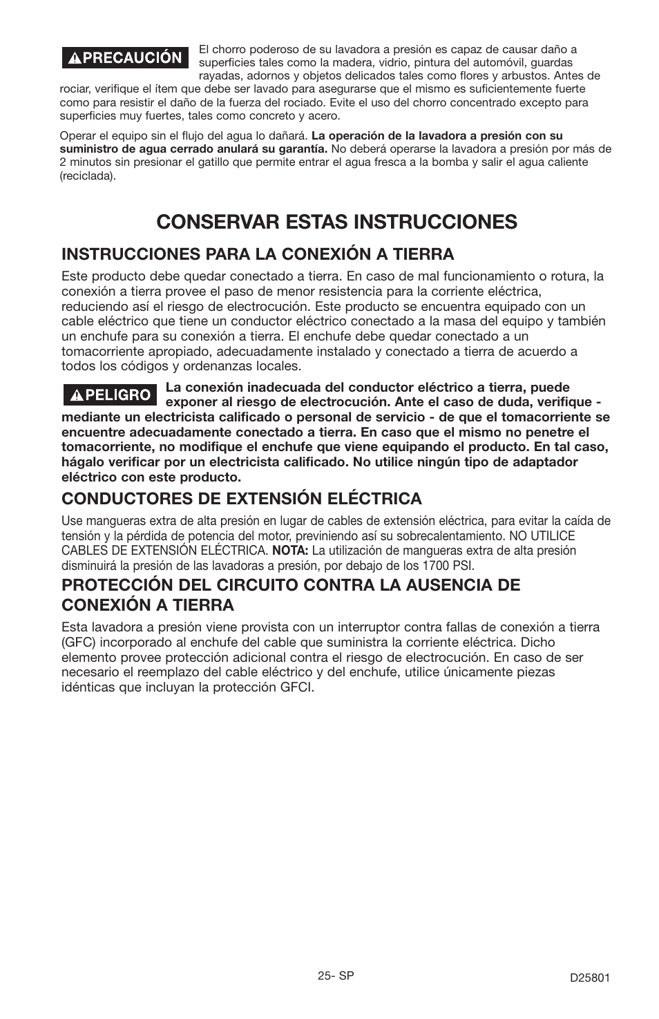 Conservar estas instrucciones, Instrucciones para la conexión a tierra, Conductores de extensión eléctrica | HS Hirschler PCE1700 User Manual | Page 25 / 60