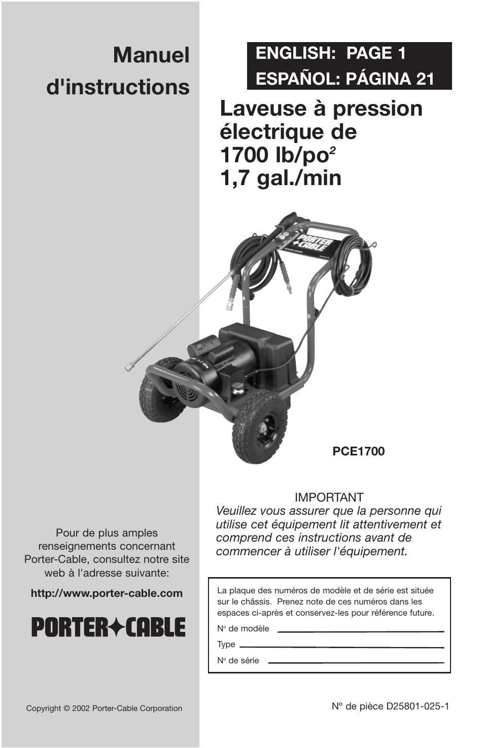 Laveuse à pression électrique de 1700 lb/po, 1,7 gal./min manuel d'instructions, English: page 1 español: página 21 | HS Hirschler PCE1700 User Manual | Page 41 / 60
