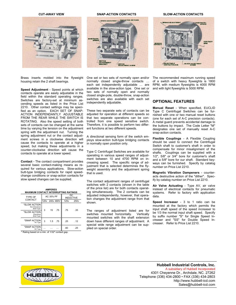 Hubbell industrial controls, inc, Optional features | Hubbell 2210 User Manual | Page 2 / 2