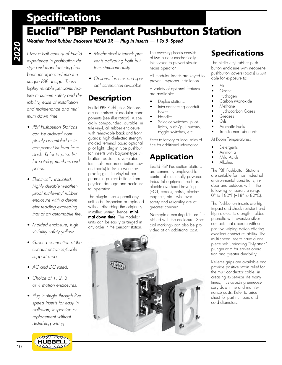 Specifications, Euclid, Pbp pendant pushbutton station | Description, Application | Hubbell Euclid Series 2017 User Manual | Page 10 / 19