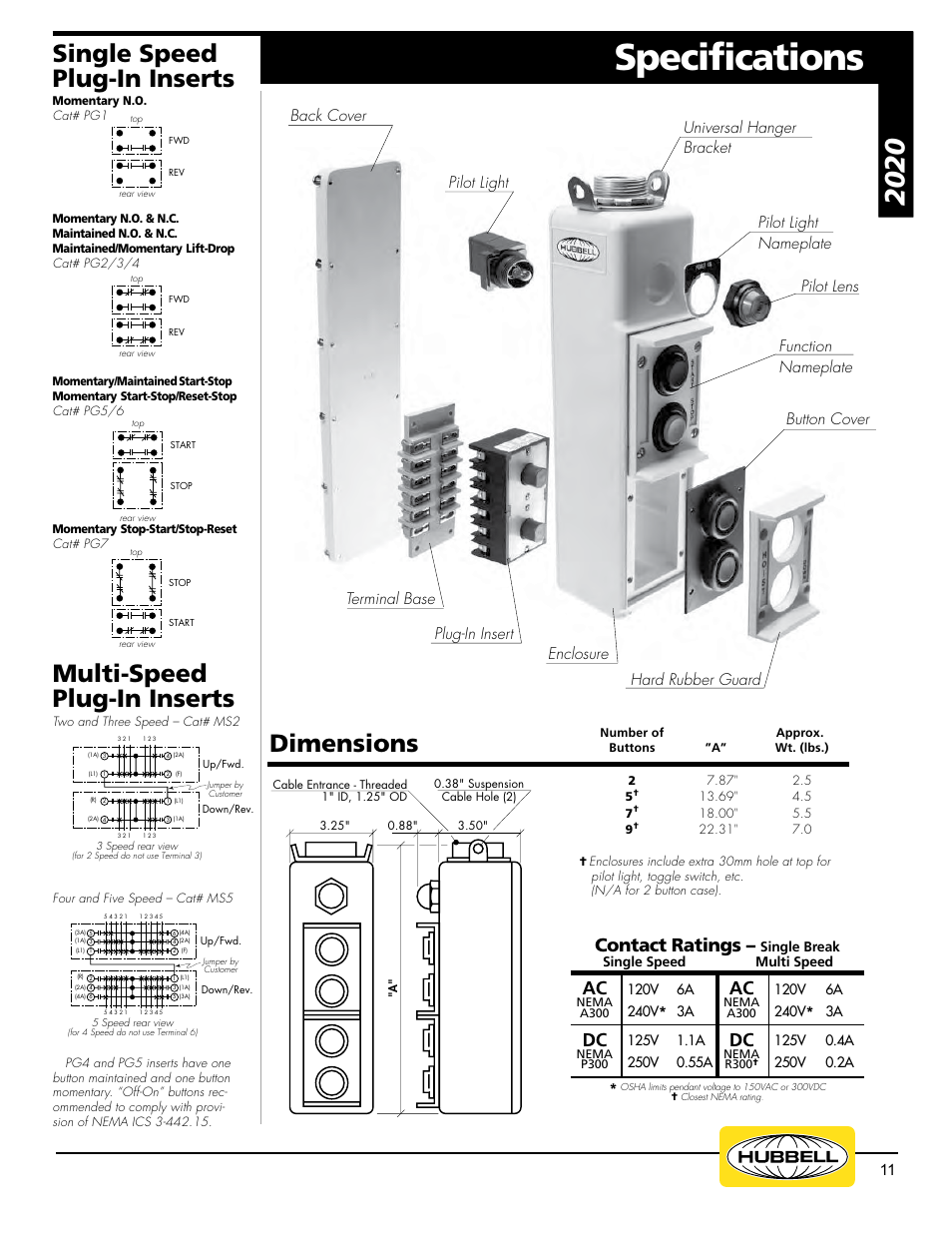 Specifications, Single speed plug-in inserts, Dimensions | Multi-speed plug-in inserts, Contact ratings, Ac dc, Hubbell, Function nameplate, Single break single speed multi speed | Hubbell Euclid Series 2017 User Manual | Page 11 / 19