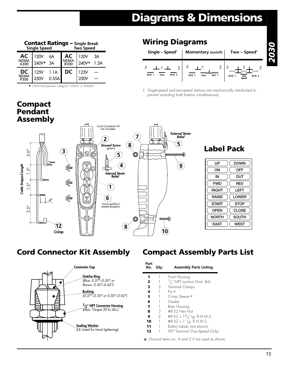 Diagrams & dimensions, Compact assembly parts list, Cord connector kit assembly wiring diagrams | Compact pendant assembly, Label pack, Contact ratings, Ac dc | Hubbell Euclid Series 2017 User Manual | Page 13 / 19