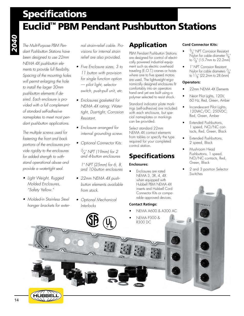 Specifications euclid, Pbm pendant pushbutton stations, Application | Specifications | Hubbell Euclid Series 2017 User Manual | Page 14 / 19