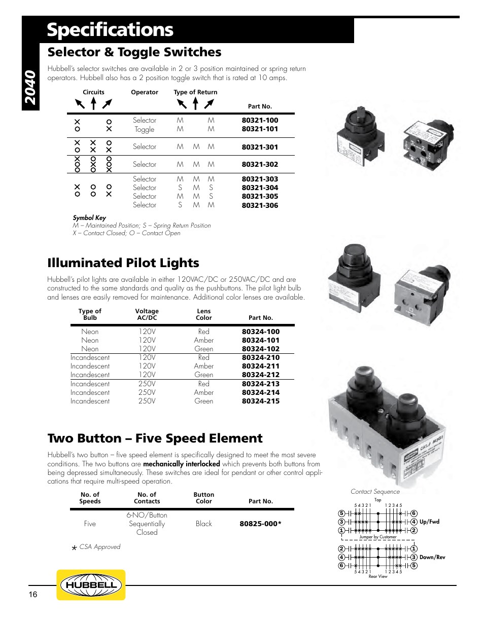 Specifications, Selector & toggle switches, Illuminated pilot lights | Two button – five speed element | Hubbell Euclid Series 2017 User Manual | Page 16 / 19