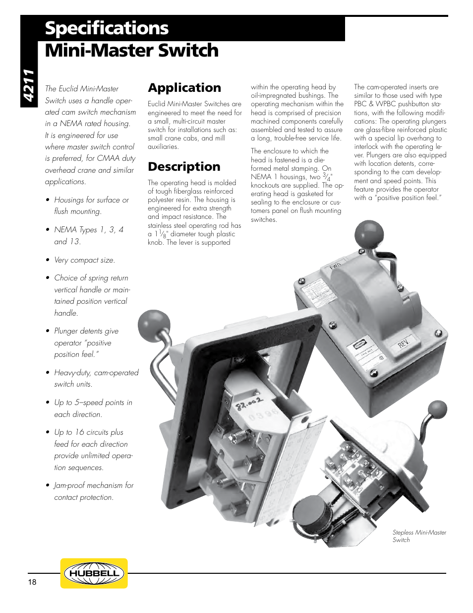 Specifications, Mini-master switch, Application | Description | Hubbell Euclid Series 2017 User Manual | Page 18 / 19