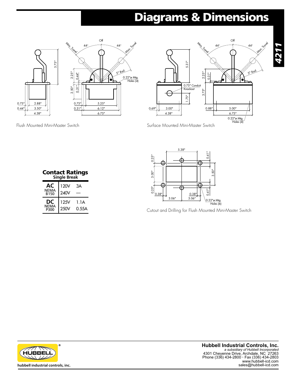 Diagrams & dimensions, Contact ratings, Ac dc | Hubbell hubbell industrial controls, inc | Hubbell Euclid Series 2017 User Manual | Page 19 / 19