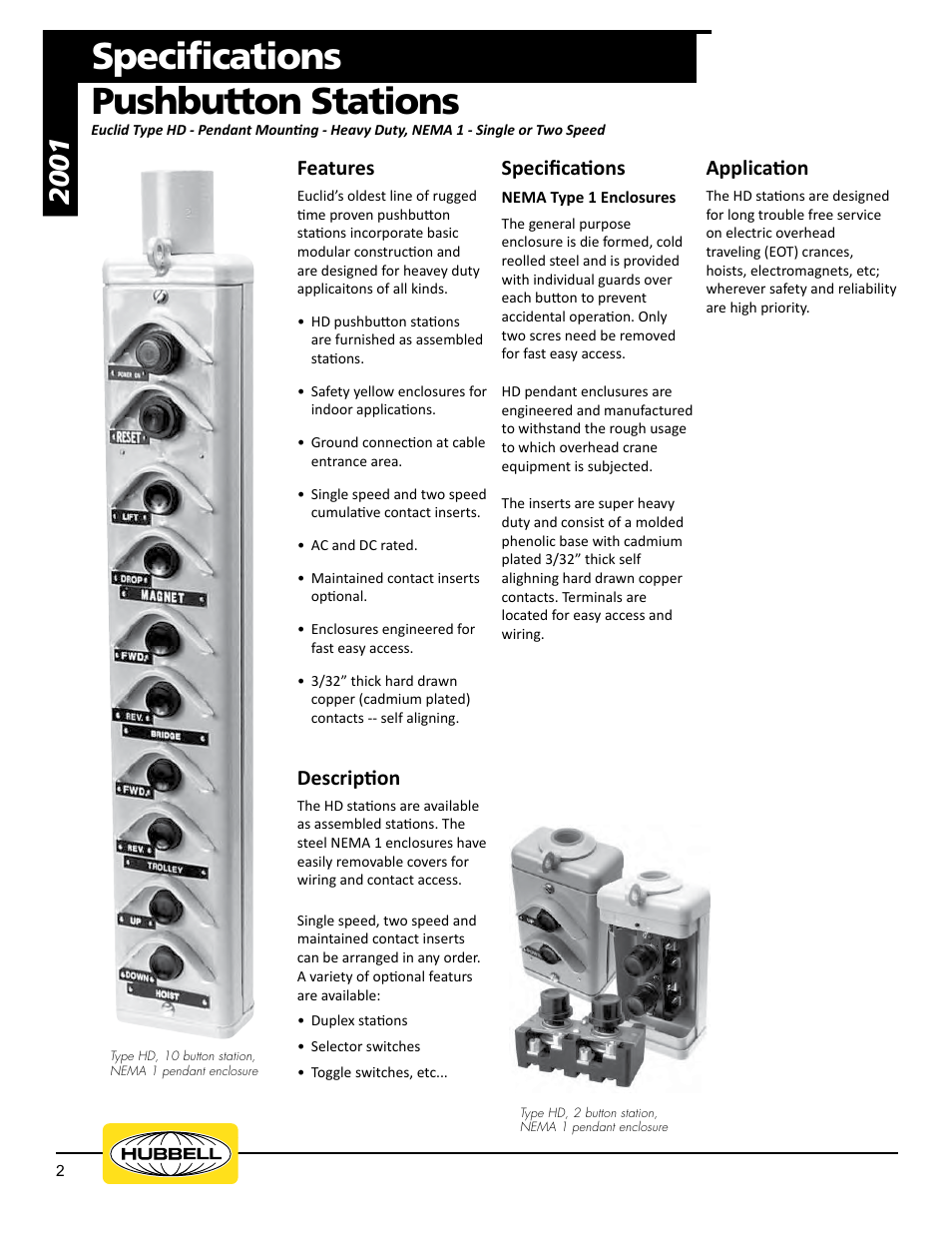 Specifications pushbutton stations, Features, Description | Application, Specifications | Hubbell Euclid Series 2017 User Manual | Page 2 / 19