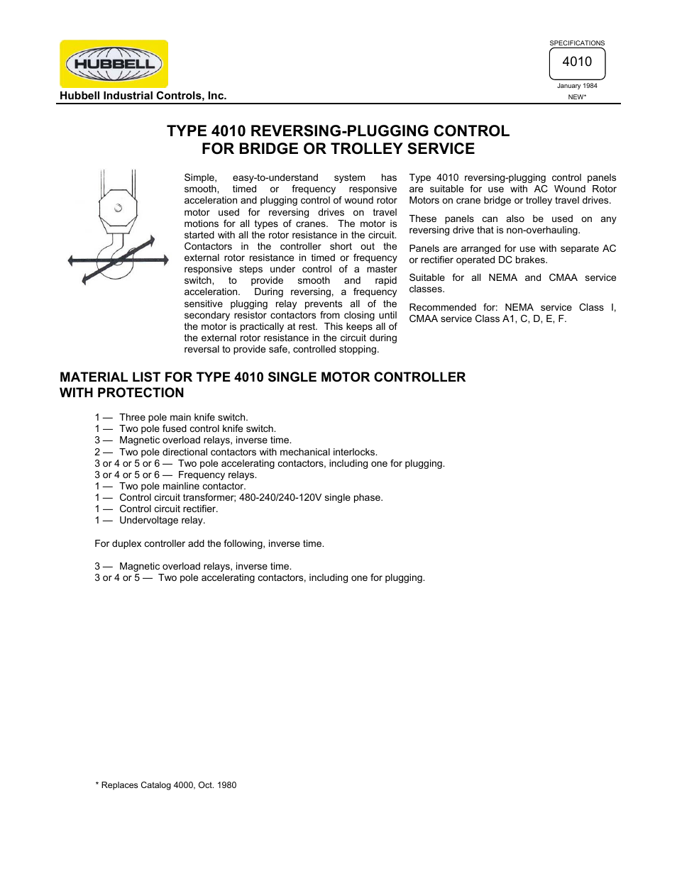 Hubbell Reversing-Plugging Control 4010 User Manual | 2 pages