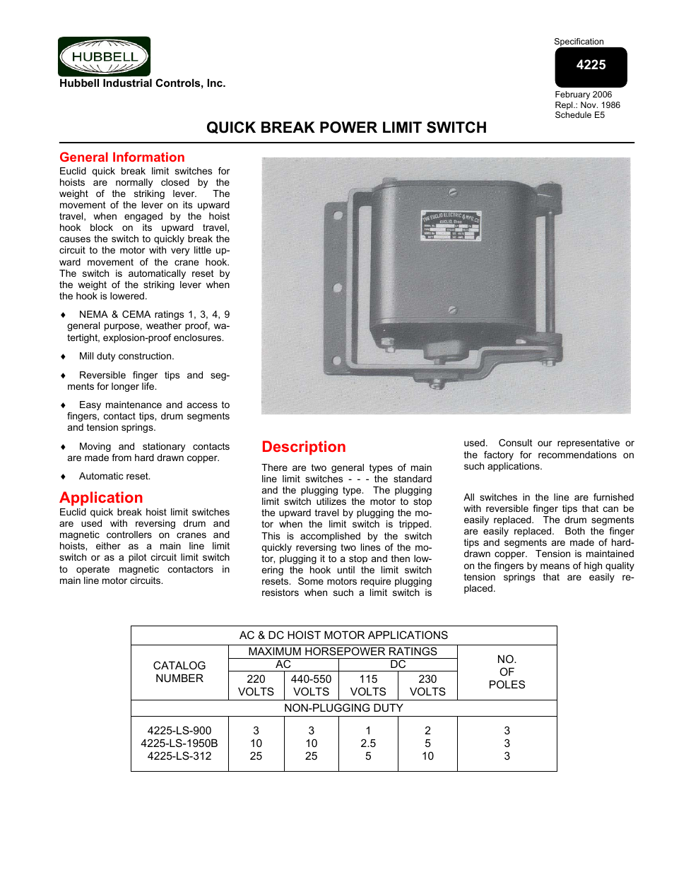 Hubbell Euclid 4225 User Manual | 2 pages