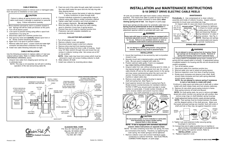 Hubbell Direct Drive Electric Cable Reels S-18 User Manual | 4 pages