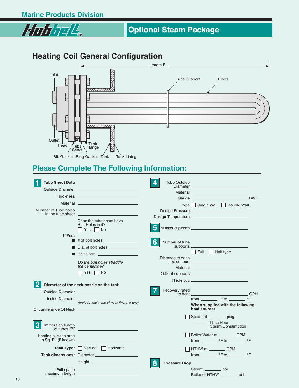 Optional steam package, Please complete the following information, Marine products division | Hubbell MSH User Manual | Page 10 / 12