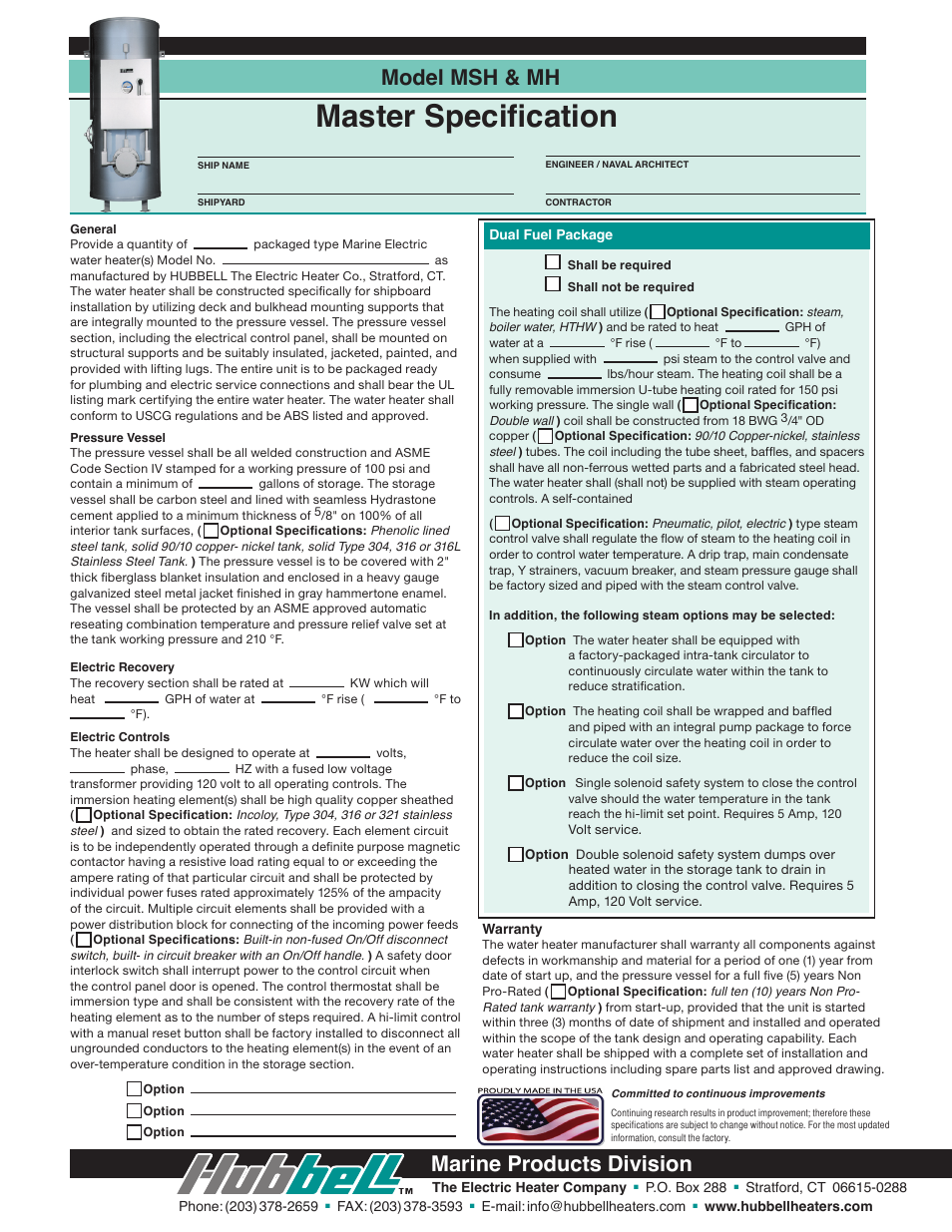 Master specification, Model msh & mh, Marine products division | Hubbell MSH User Manual | Page 12 / 12