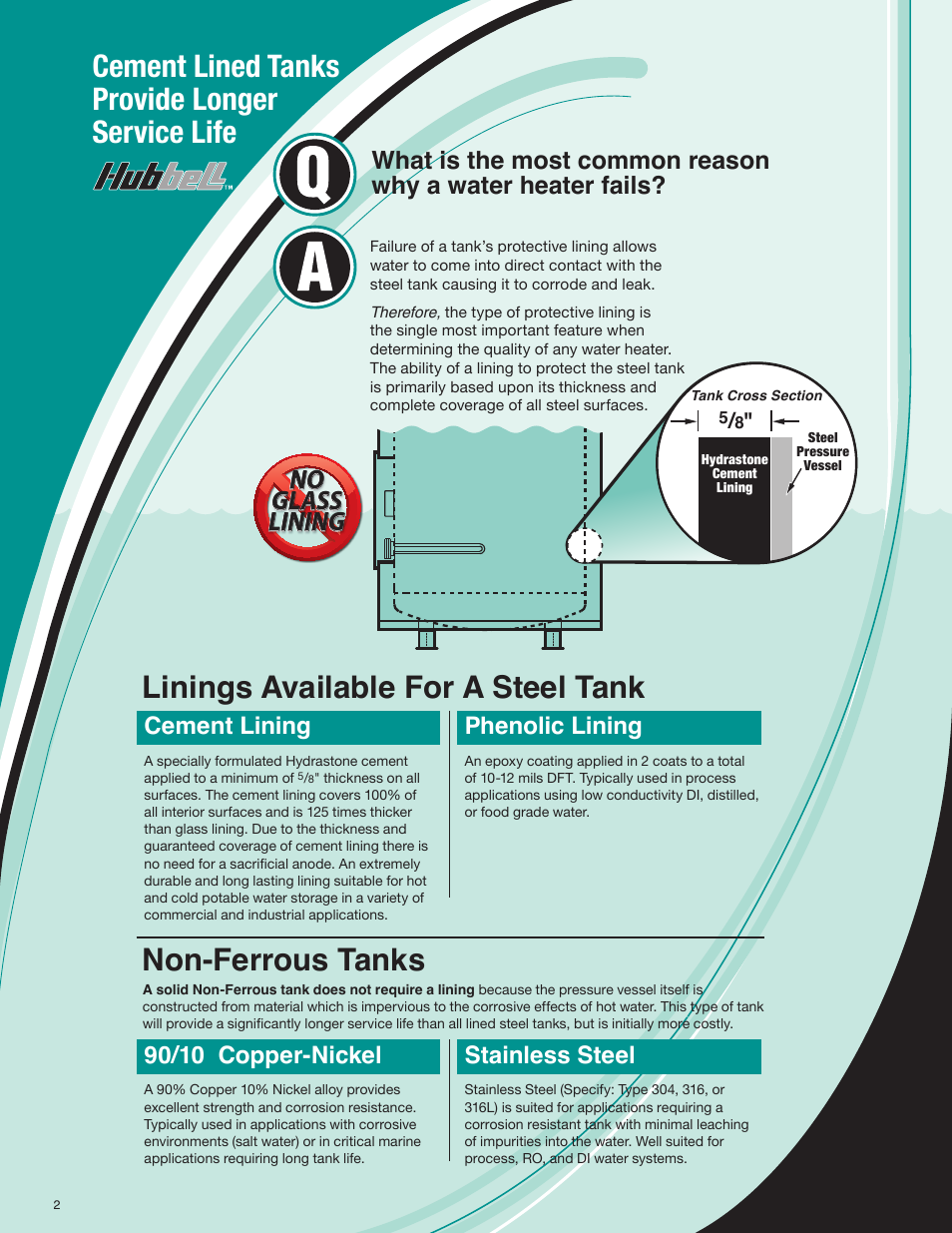 Cement lined tanks provide longer service life, Linings available for a steel tank, Non-ferrous tanks | No glass lining no glass lining, Cement lining, Phenolic lining, 90/10 copper-nickel, Stainless steel | Hubbell MSH User Manual | Page 2 / 12