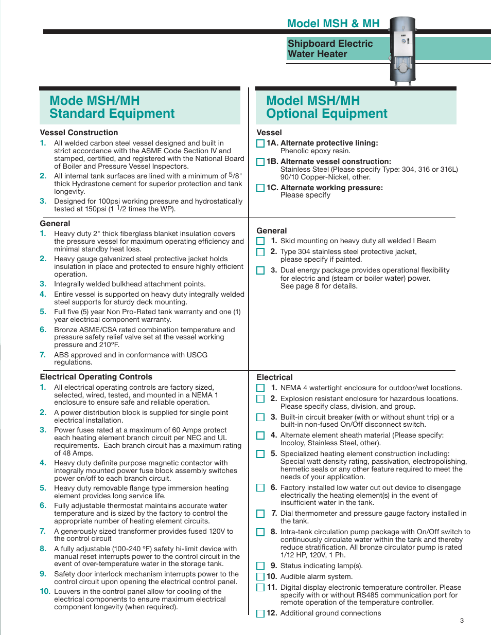 Mode msh/mh standard equipment, Model msh/mh optional equipment, Model msh & mh | Shipboard electric water heater | Hubbell MSH User Manual | Page 3 / 12