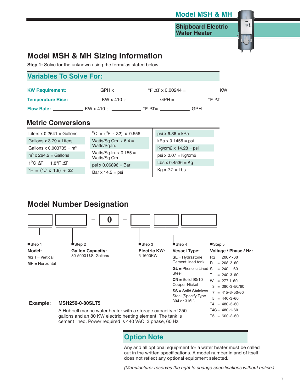 Model number designation, Model msh & mh sizing information, Variables to solve for: metric conversions | Model msh & mh, Shipboard electric water heater | Hubbell MSH User Manual | Page 7 / 12