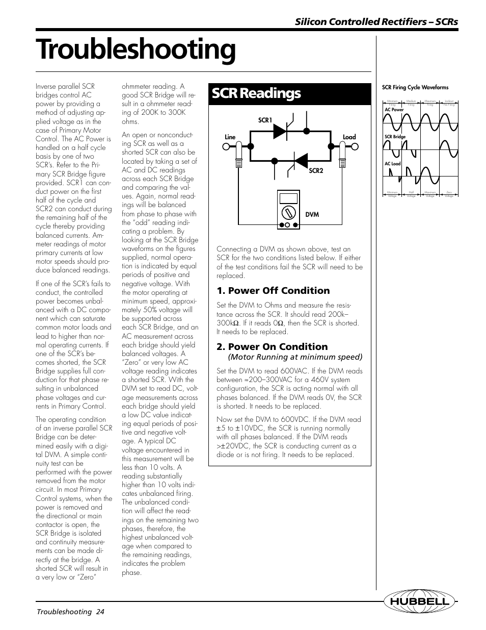 Troubleshooting, Scr readings, Silicon controlled rectifiers – scrs | Power off condition, Power on condition, Hubbell | Hubbell Silicon Controlled Rectifier 4922c User Manual | Page 4 / 4