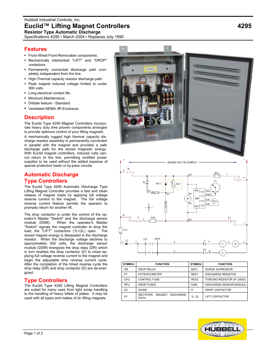 Hubbell Euclid Lifting Magnet Controller 4295 User Manual | 2 pages